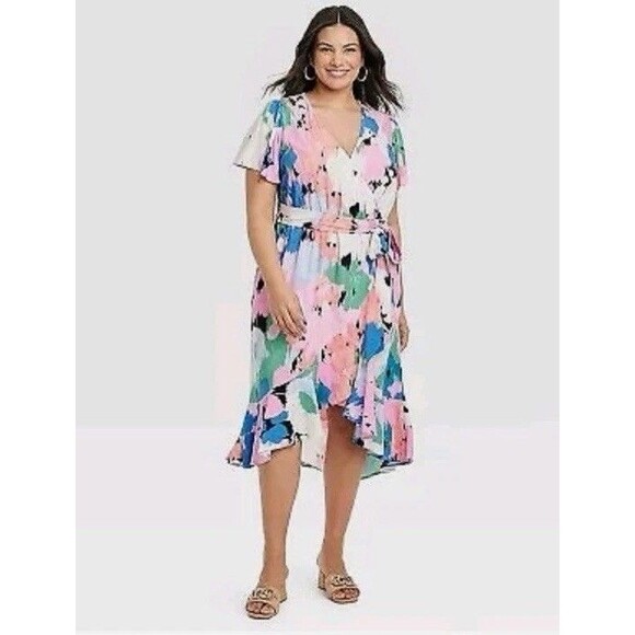 Ava & Viv Floral Flutter Short Sleeve Midi Wrap Dress XXL NEW Pockets - Picture 1 of 11